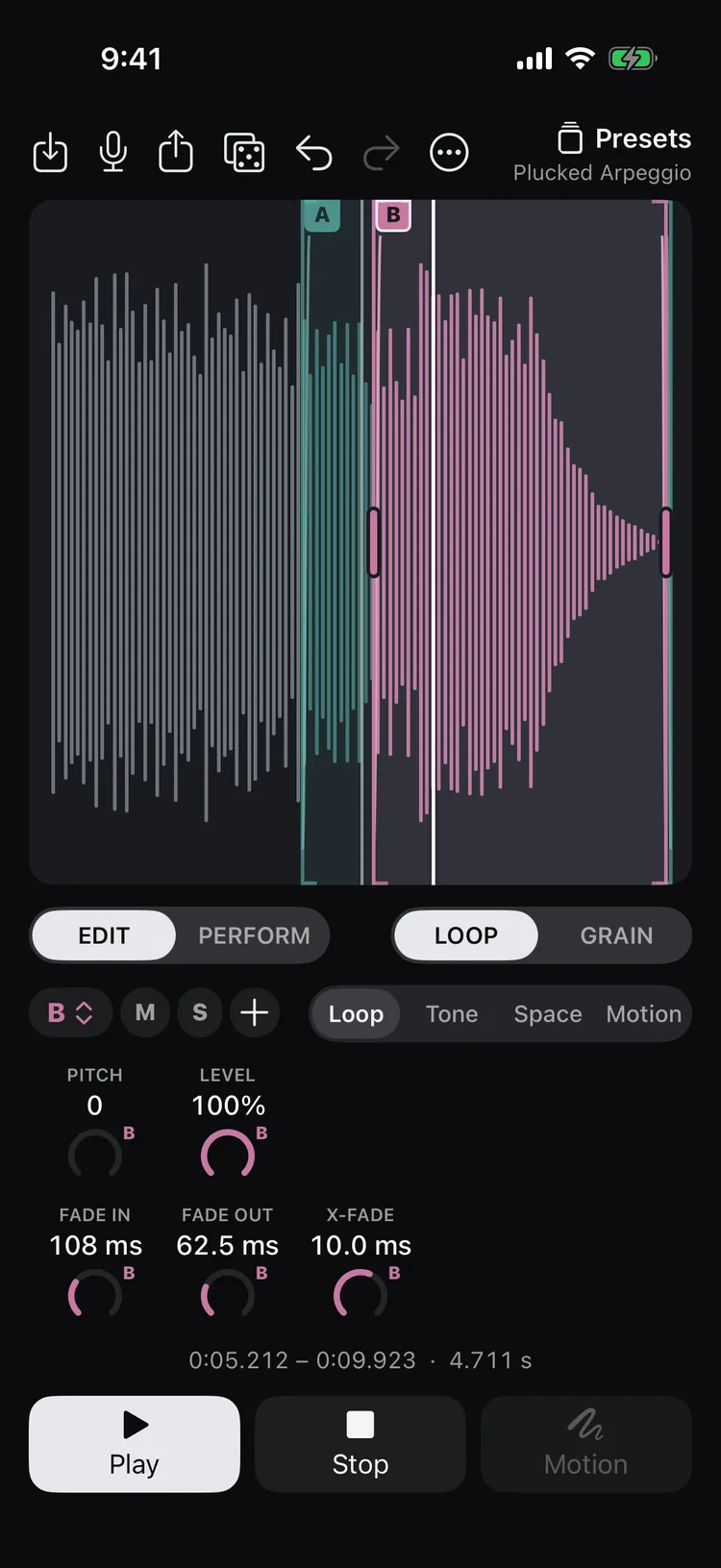 Loop mode: region A looping, with its playhead