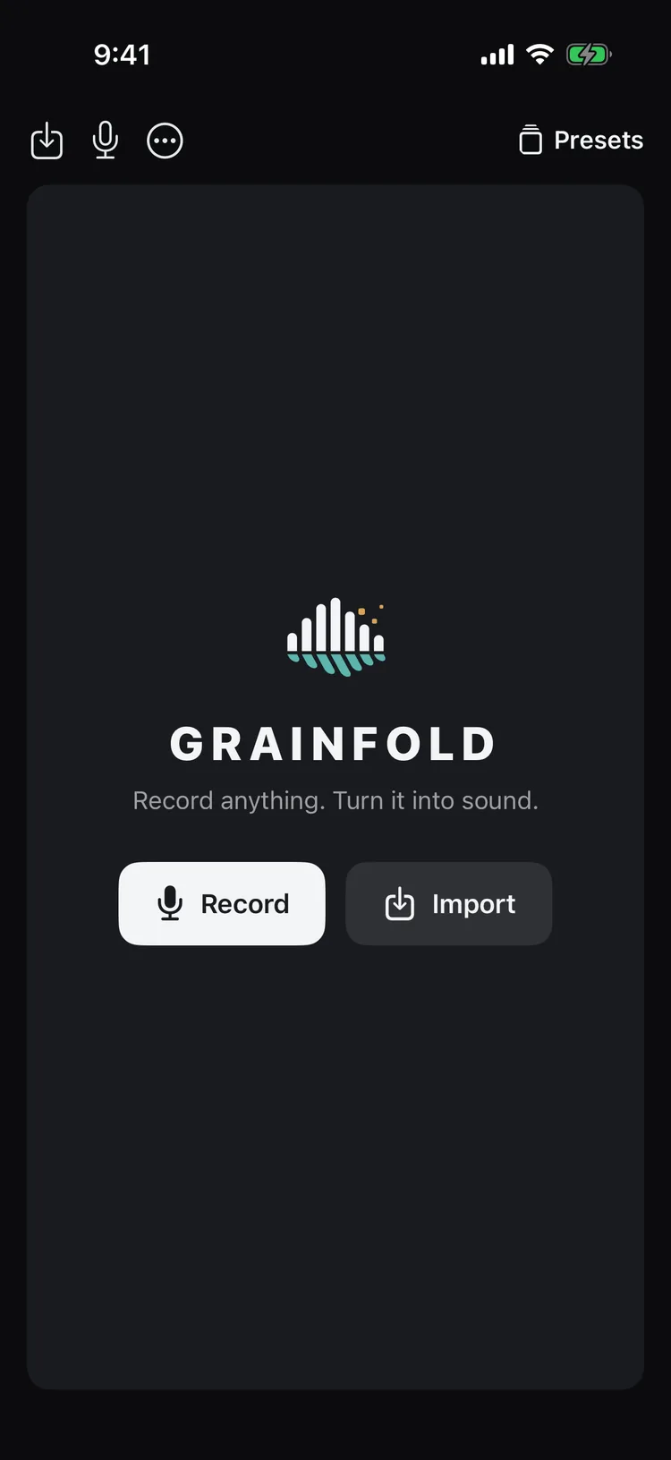 The start screen with Record and Import